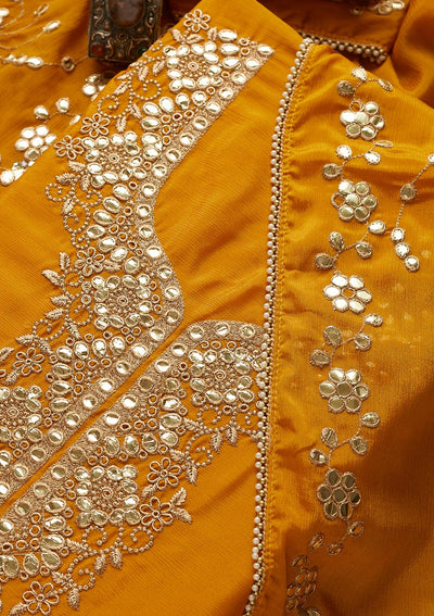 Mustard Gotapatti Semi Crepe  Unstitched Salwar Suit - Koskii