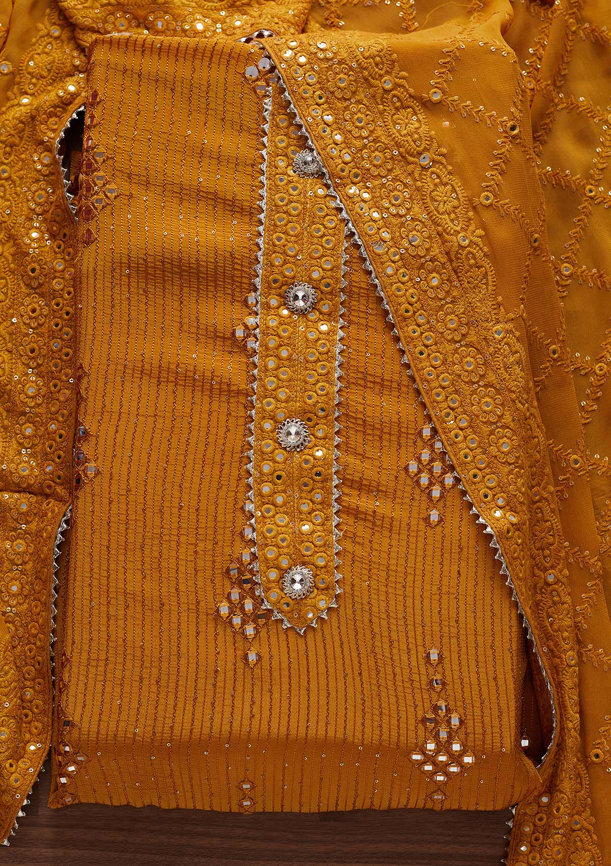 Mustard Mirrorwork Georgette Designer Unstitched Salwar Suit - Koskii