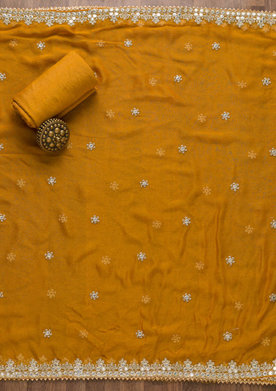 Mustard Mirrorwork Semi Crepe Unstitched Salwar Suit-Koskii