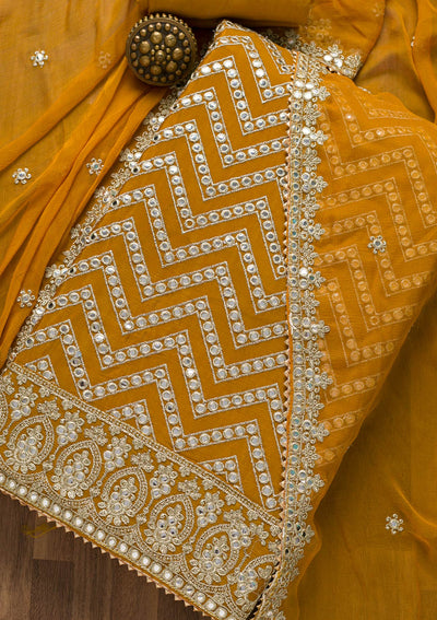 Mustard Mirrorwork Semi Crepe Unstitched Salwar Suit-Koskii