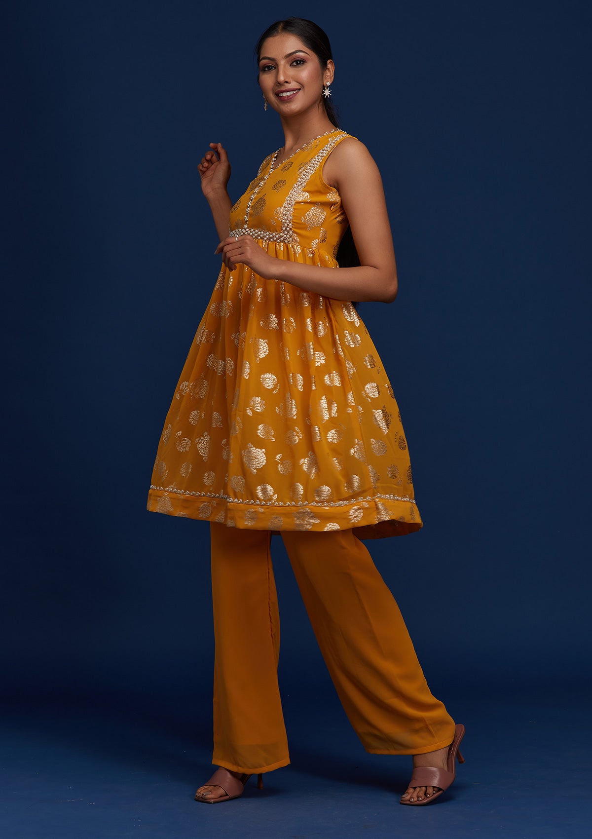 Mustard Pearlwork Georgette Designer Salwar Suit - Koskii