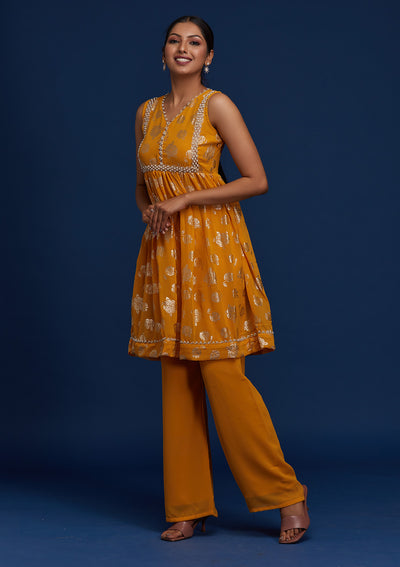 Mustard Pearlwork Georgette Designer Salwar Suit - Koskii