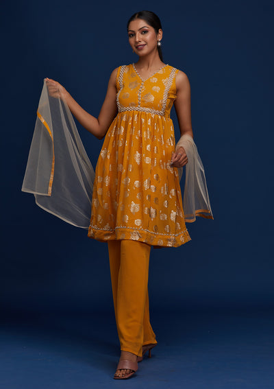 Mustard Pearlwork Georgette Designer Salwar Suit - Koskii