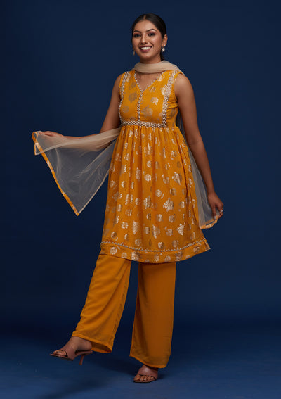 Mustard Pearlwork Georgette Designer Salwar Suit - Koskii