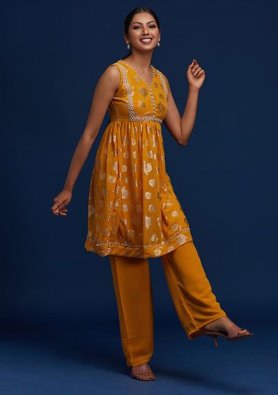Mustard Pearlwork Georgette Designer Salwar Suit - Koskii