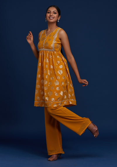 Mustard Pearlwork Georgette Designer Salwar Suit - Koskii