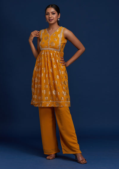 Mustard Pearlwork Georgette Designer Salwar Suit - Koskii