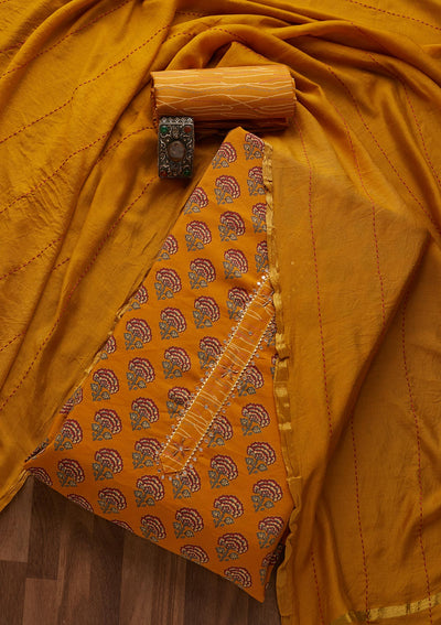 Mustard Print Semi Crepe  Semi-Stitched Salwar Suit- Koskii