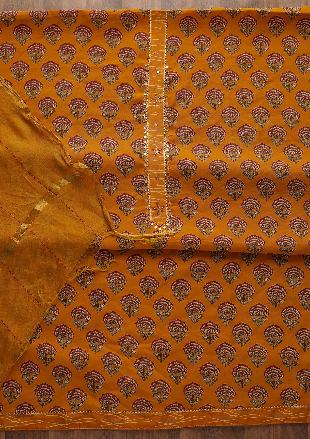 Mustard Print Semi Crepe  Semi-Stitched Salwar Suit - Koskii