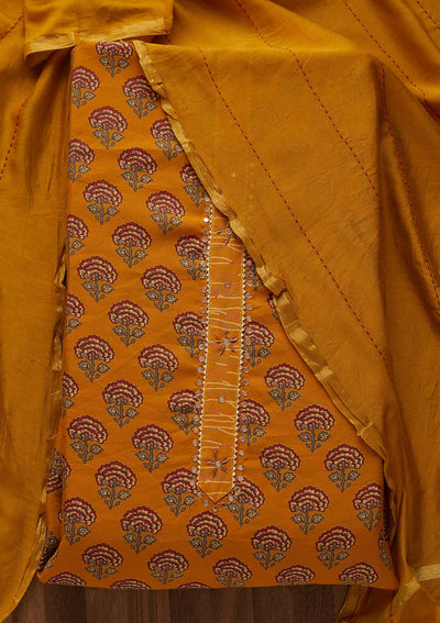 Mustard Print Semi Crepe  Semi-Stitched Salwar Suit - Koskii