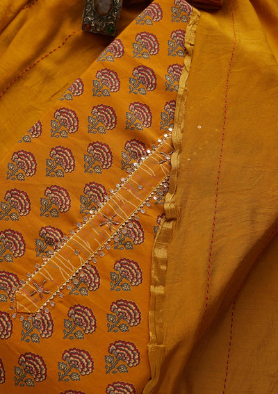 Mustard Print Semi Crepe  Semi-Stitched Salwar Suit - Koskii