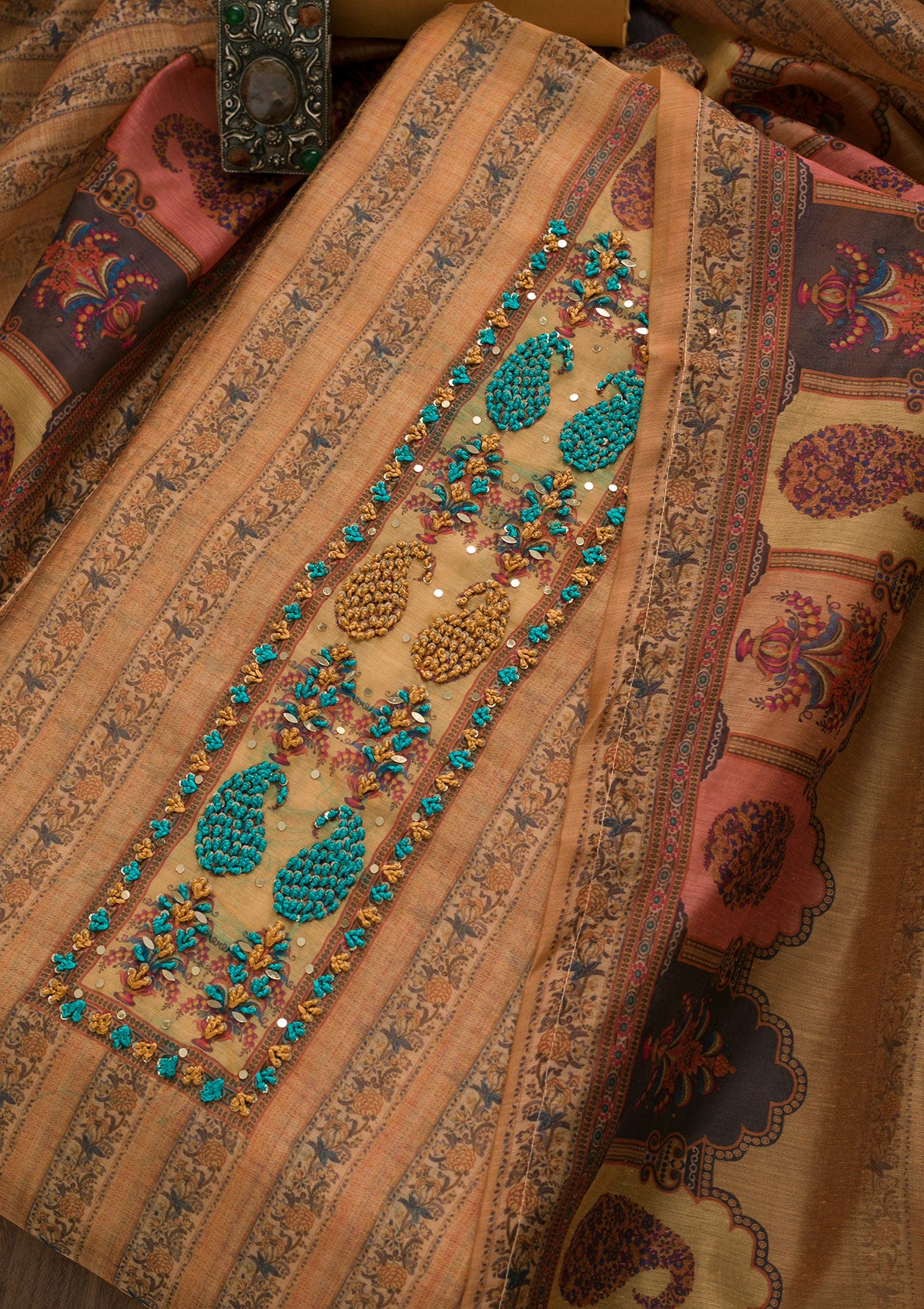 Mustard Printed Art Silk Semi-Stitched Salwar Suit-Koskii