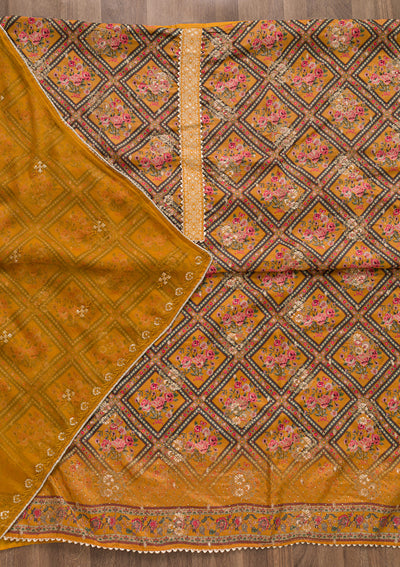 Mustard Printed Art Silk Unstitched Salwar Suit-Koskii