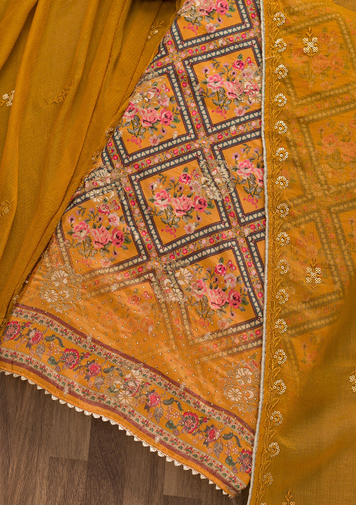 Mustard Printed Art Silk Unstitched Salwar Suit-Koskii