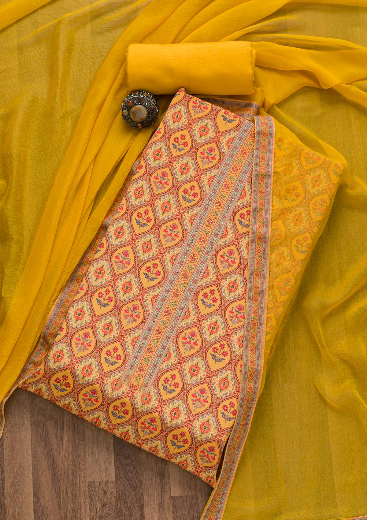 Mustard Soft Silk Printed Unstitched Salwar Suit-Koskii