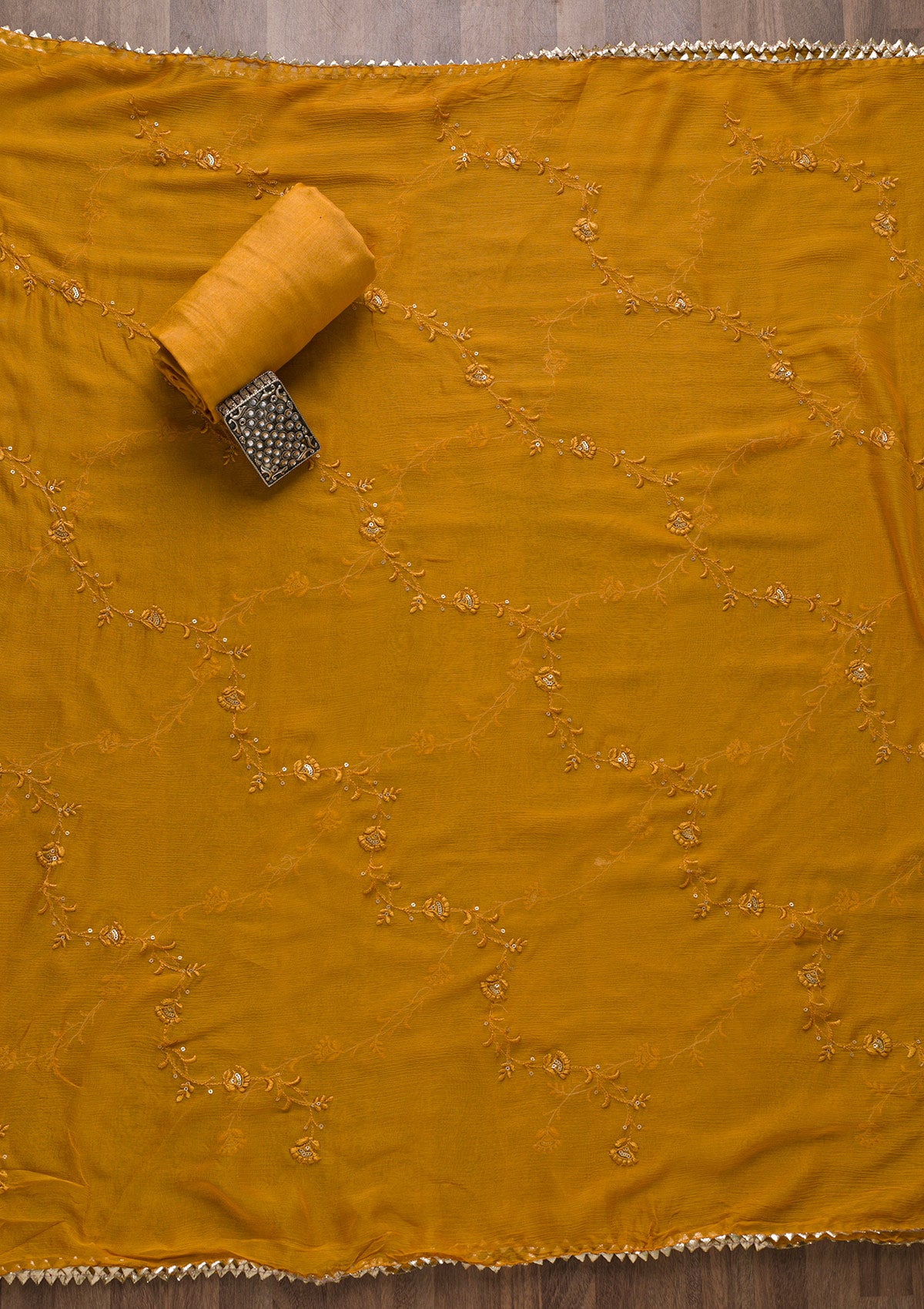 Mustard Printed Semi Crepe Unstitched Salwar Suit-Koskii