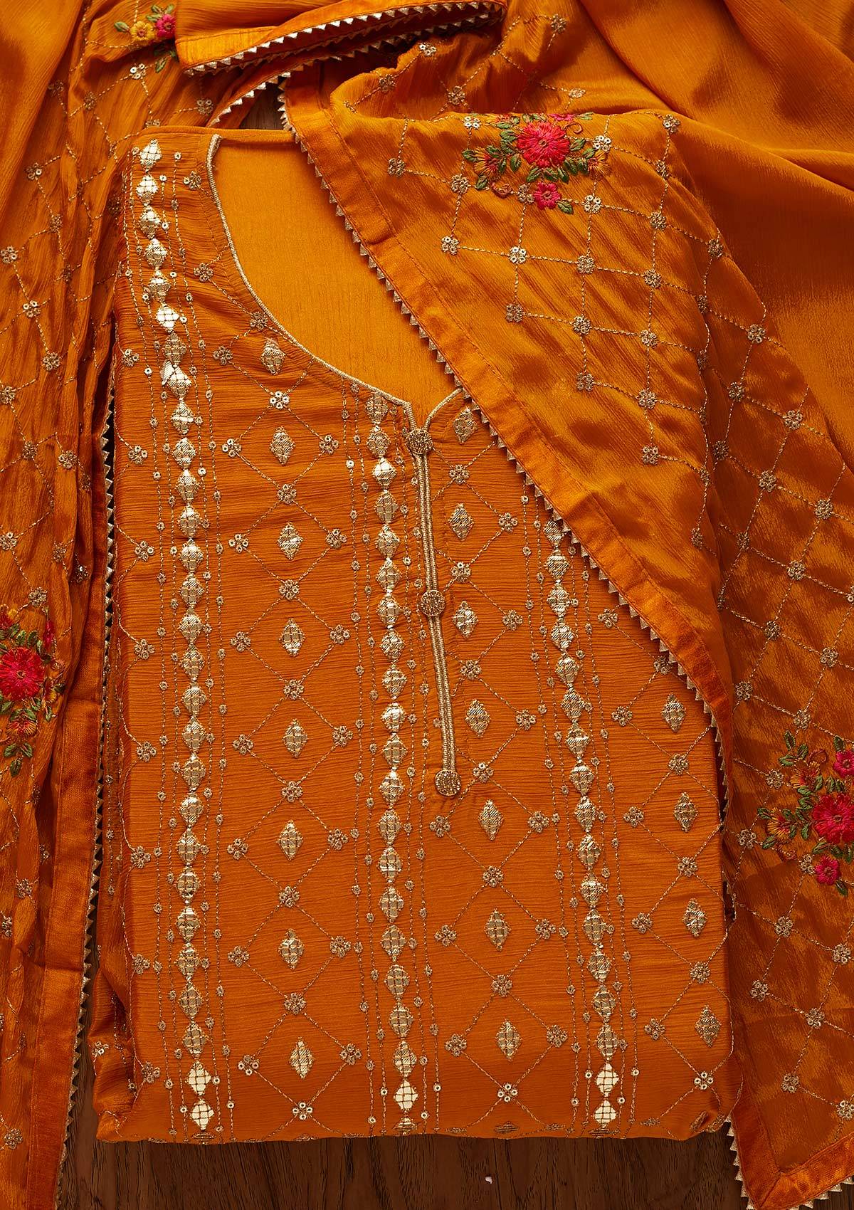 Mustard Sequins Chanderi Designer Unstitched Salwar Suit - Koskii