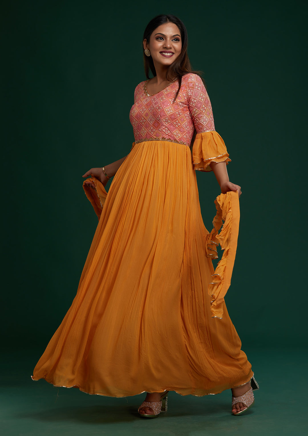 Mustard Sequins Georgette Designer Anarkali Suit- Koskii