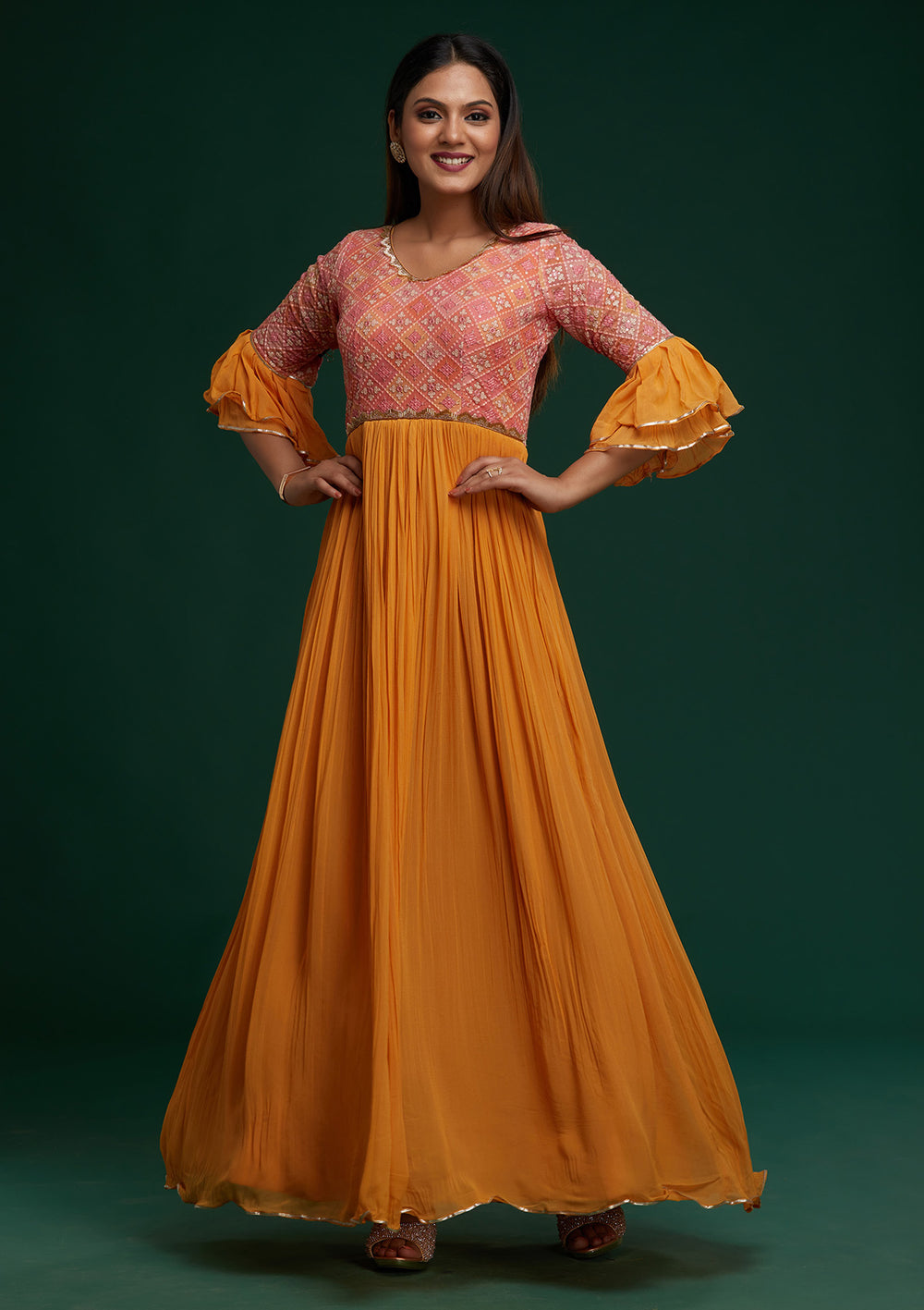 Mustard Sequins Georgette Designer Anarkali Suit - Koskii