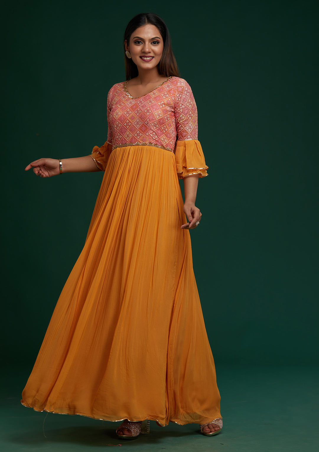 Mustard Sequins Georgette Designer Anarkali Suit - Koskii