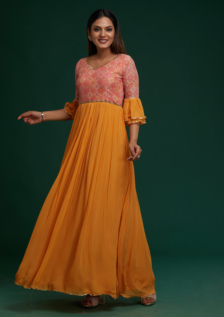 Mustard Sequins Georgette Designer Anarkali Suit - Koskii