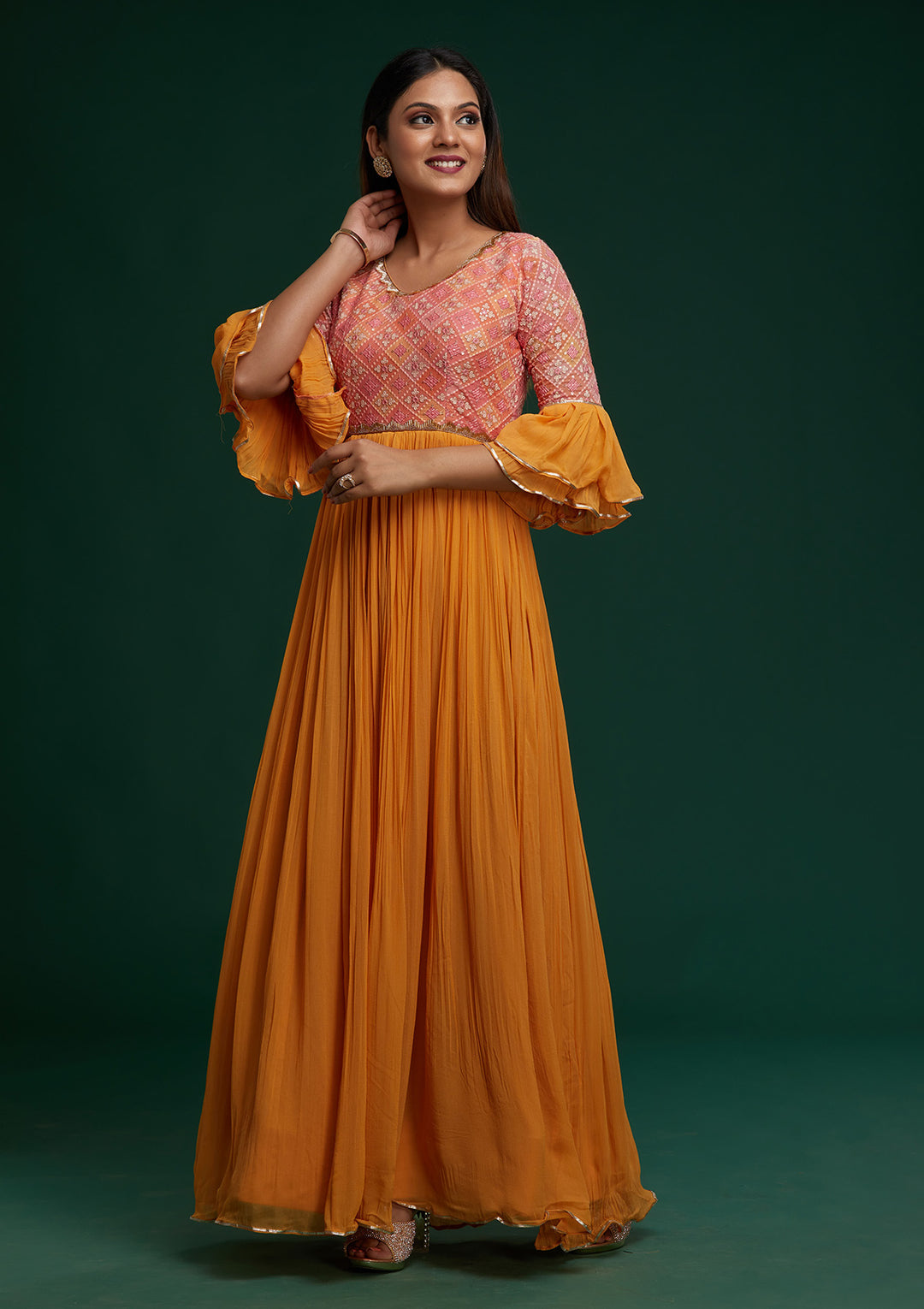 Mustard Sequins Georgette Designer Anarkali Suit - Koskii