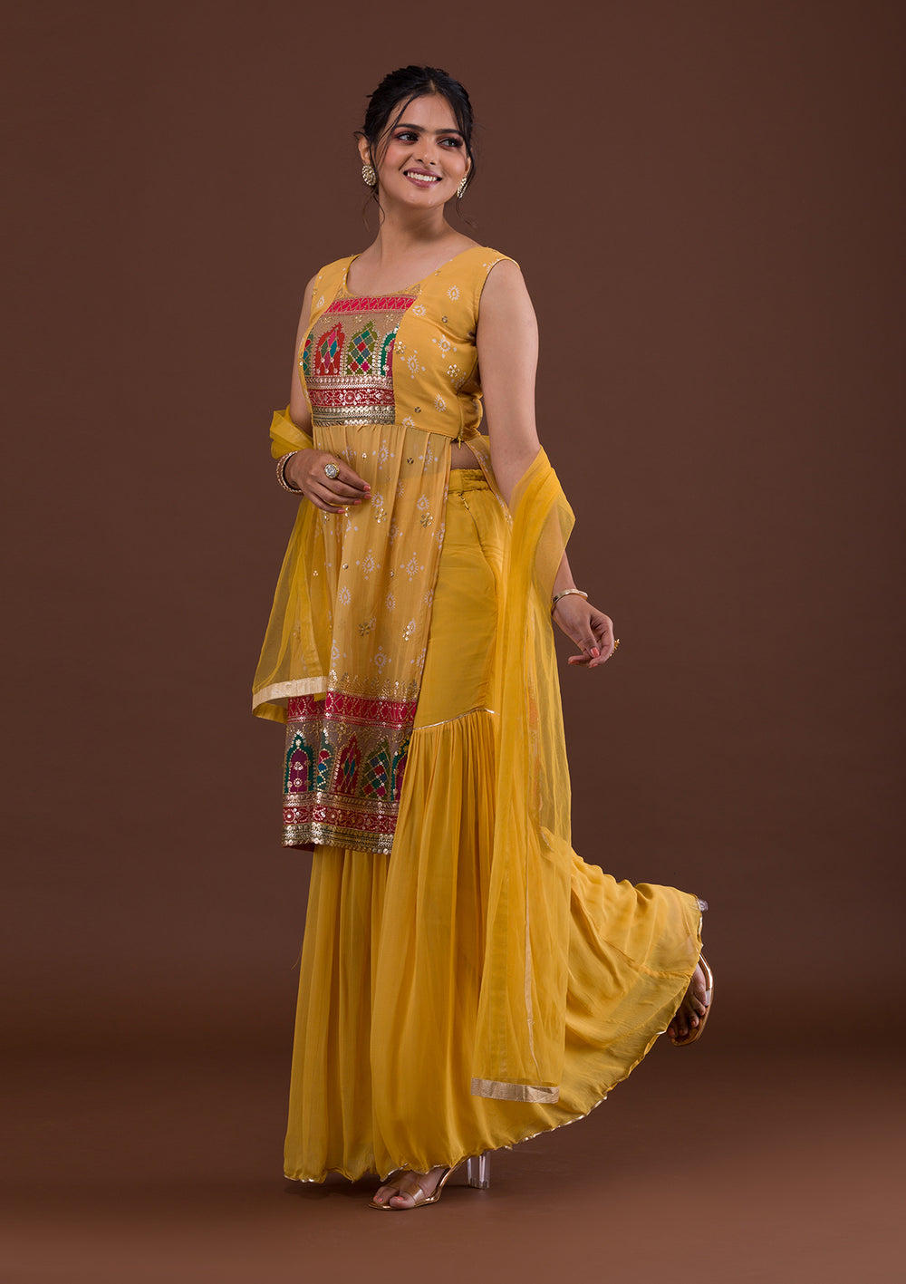 Mustard Sequins Georgette Salwar Suit-Koskii