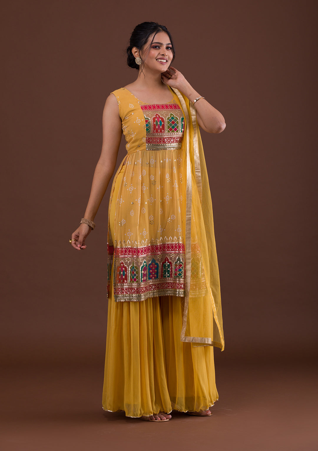 Mustard Sequins Georgette Salwar Suit-Koskii