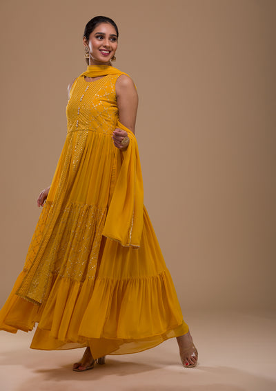 Mustard Sequins Georgette Readymade Salwar Suit-Koskii