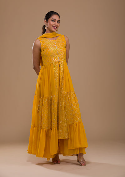 Mustard Sequins Georgette Readymade Salwar Suit-Koskii