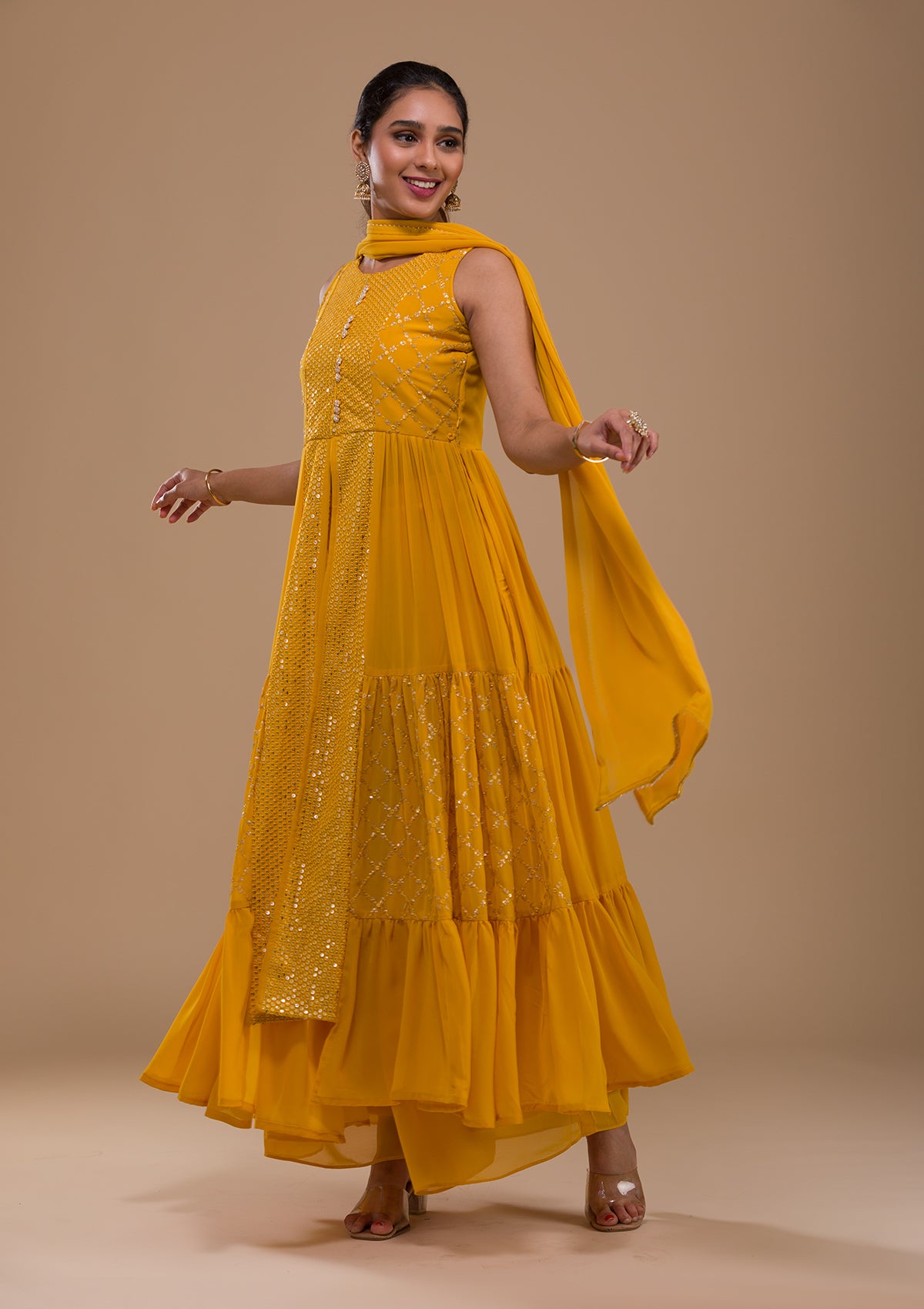 Mustard Sequins Georgette Readymade Salwar Suit-Koskii