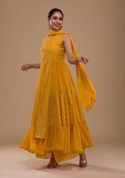 Mustard Sequins Georgette Readymade Salwar Suit-Koskii