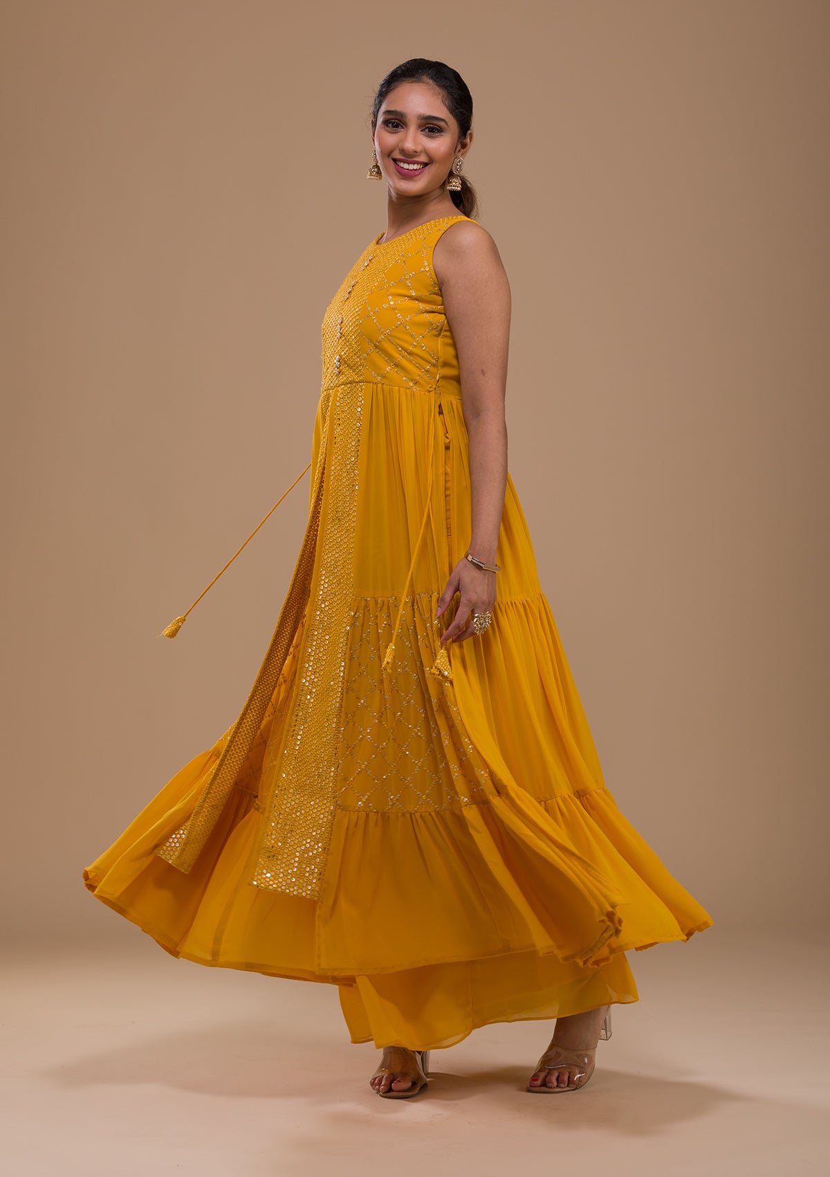 Mustard Sequins Georgette Readymade Salwar Suit-Koskii