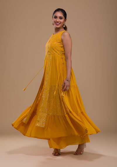 Mustard Sequins Georgette Readymade Salwar Suit-Koskii
