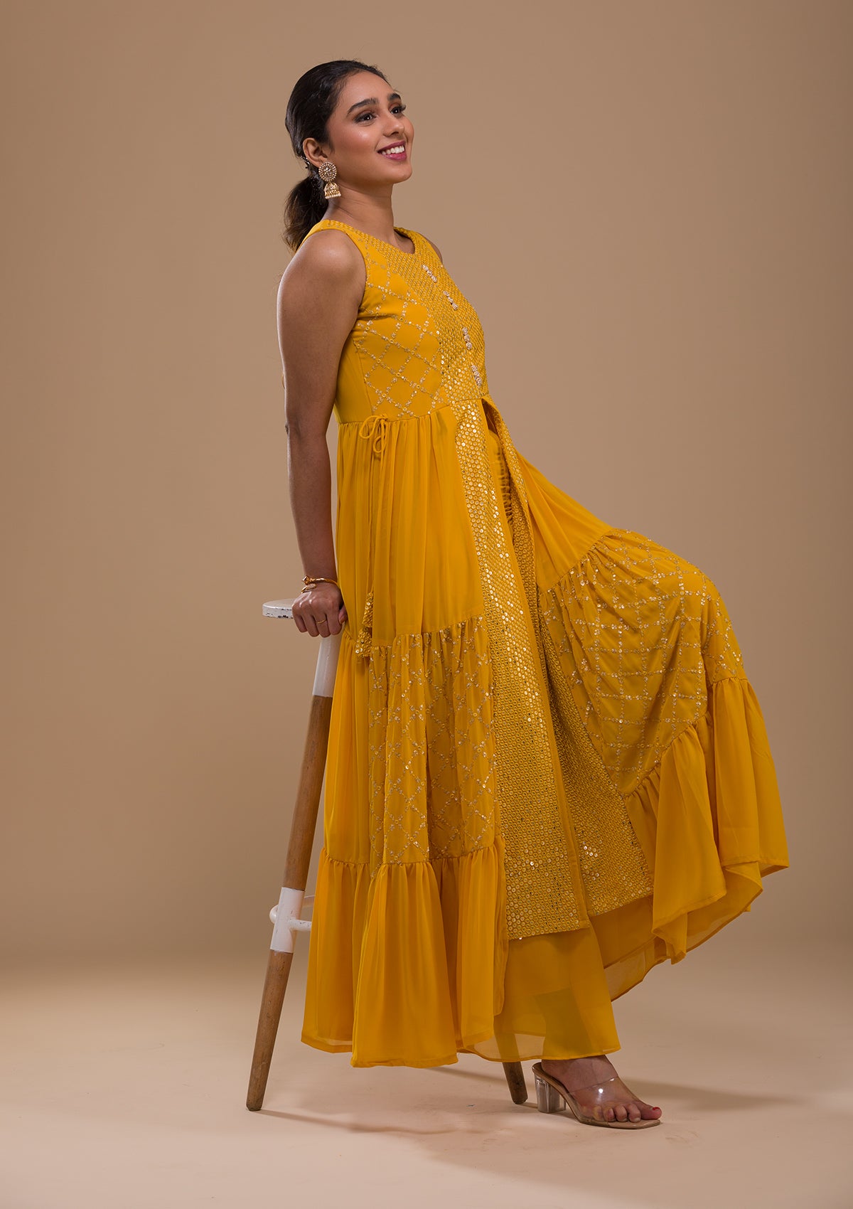 Mustard Sequins Georgette Readymade Salwar Suit-Koskii
