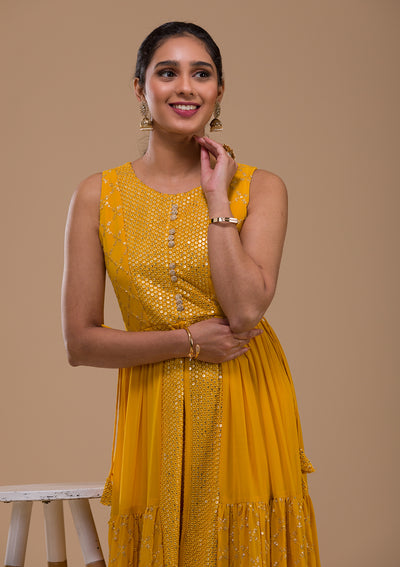 Mustard Sequins Georgette Readymade Salwar Suit-Koskii