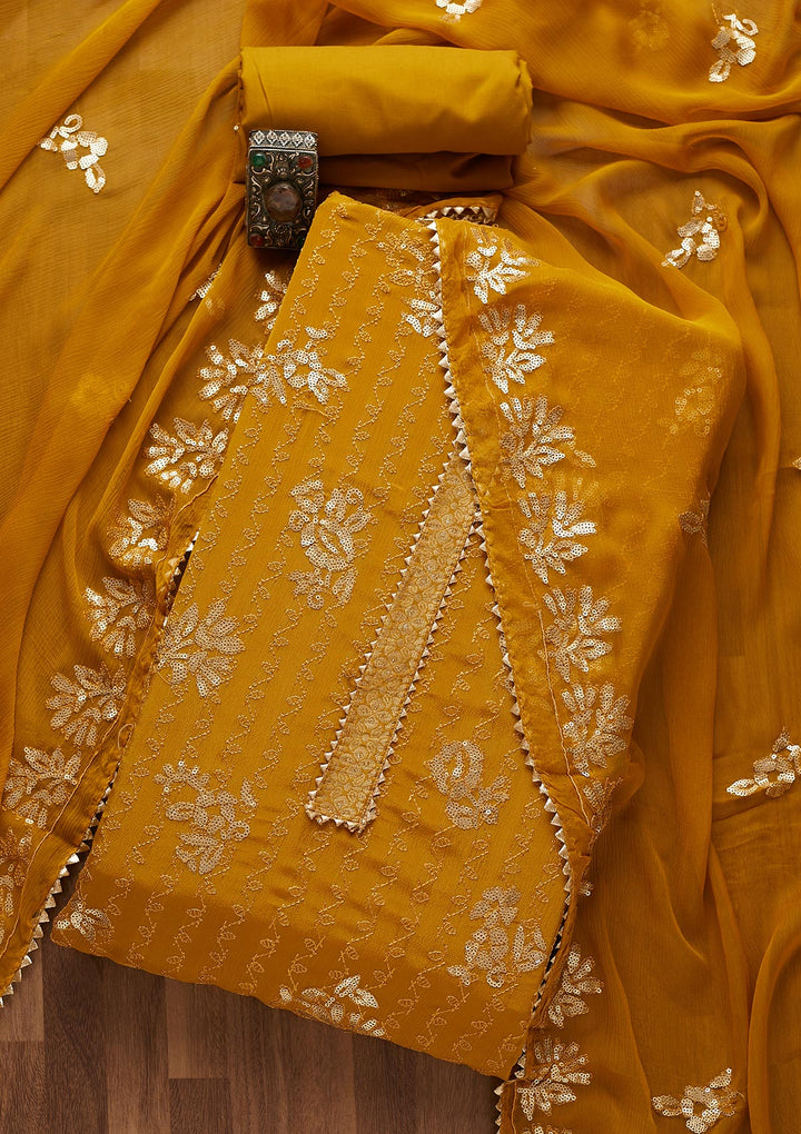 Mustard Sequins Georgette Semi-Stitched Salwar Suit-Koskii