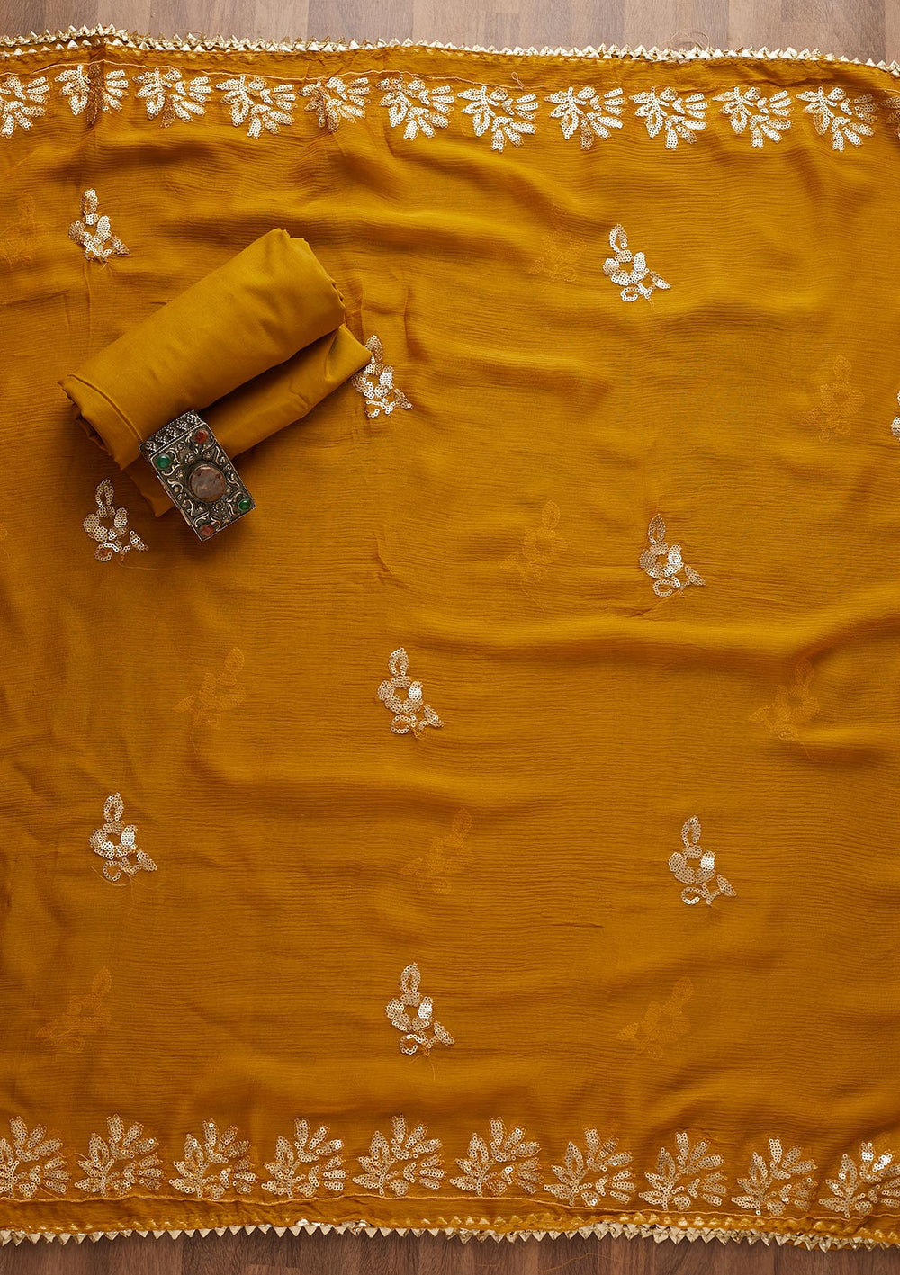 Mustard Sequins Georgette Semi-Stitched Salwar Suit-Koskii