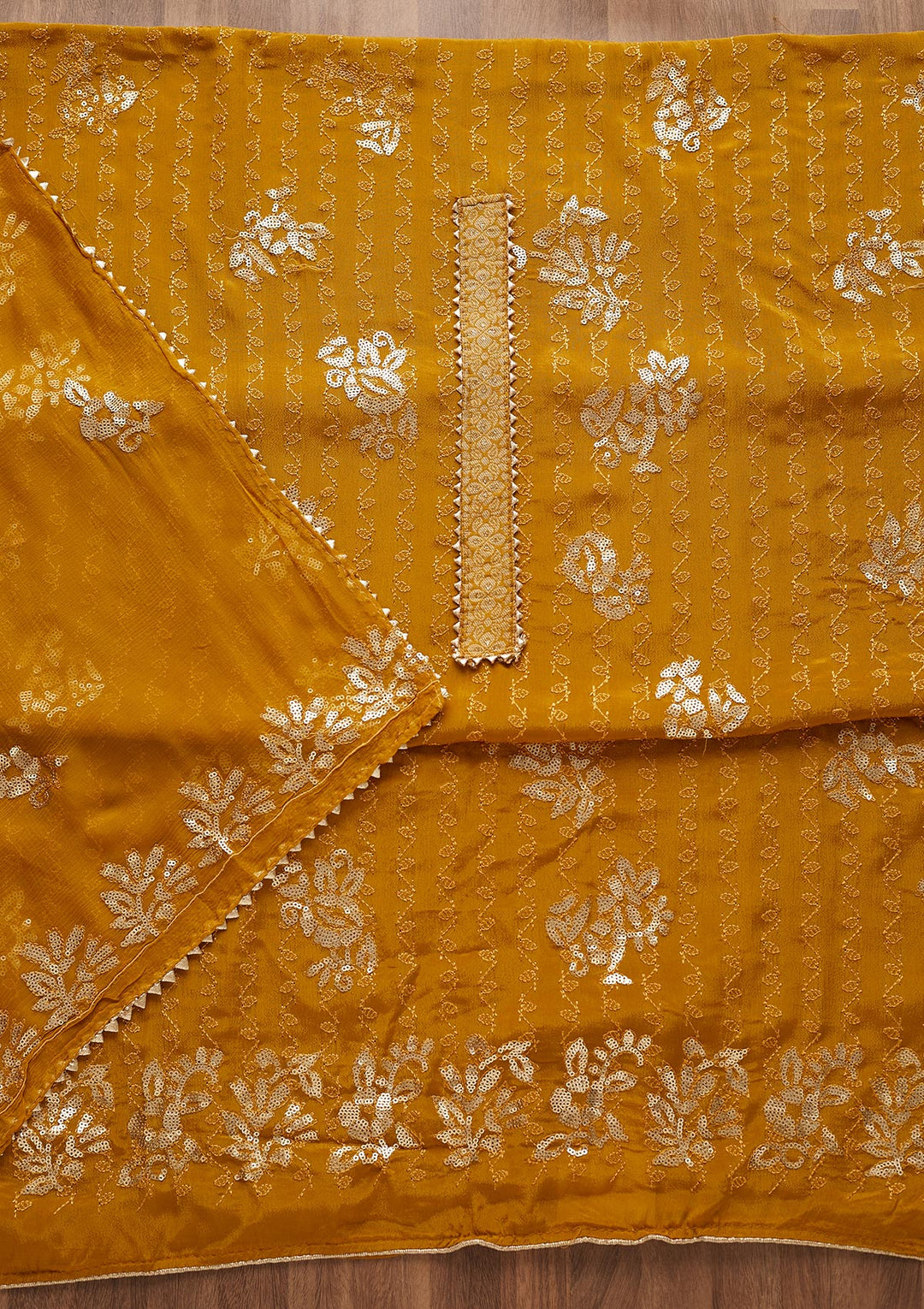 Mustard Sequins Georgette Semi-Stitched Salwar Suit-Koskii