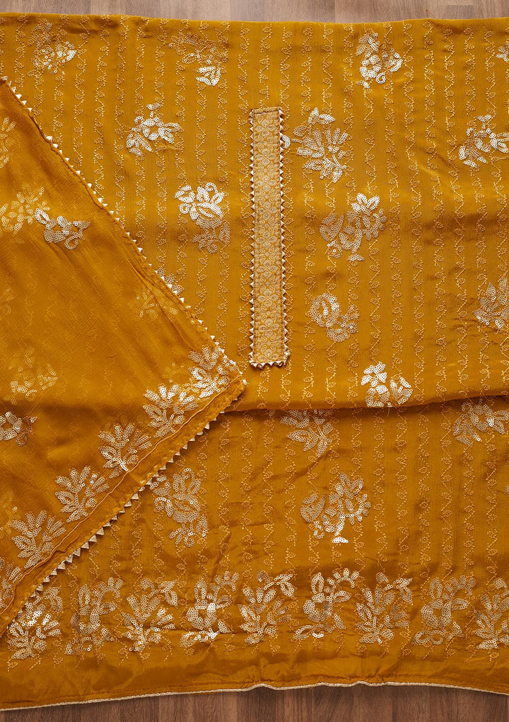 Mustard Sequins Georgette Semi-Stitched Salwar Suit-Koskii