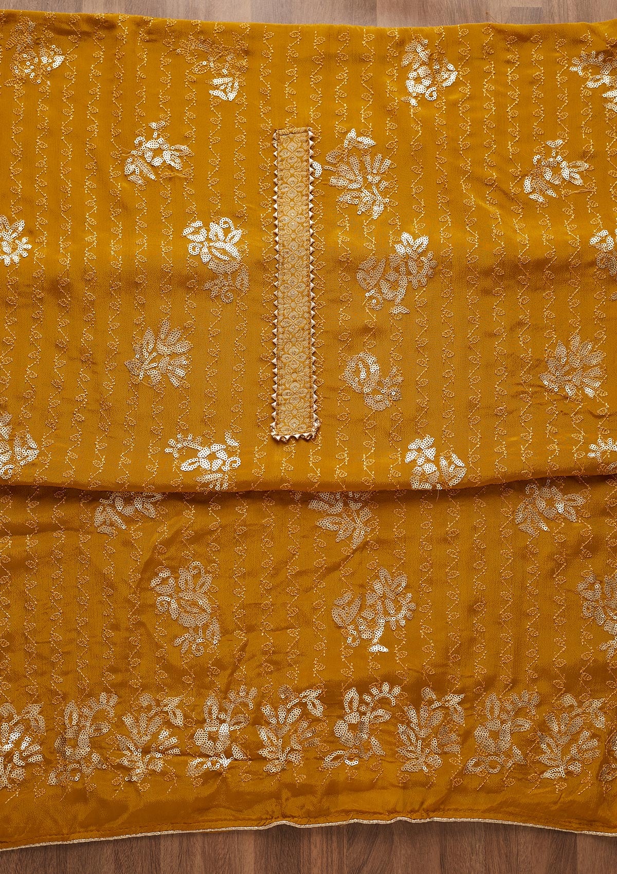 Mustard Sequins Georgette Semi-Stitched Salwar Suit-Koskii
