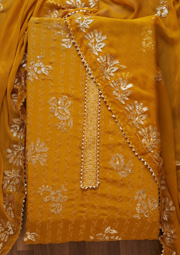 Mustard Sequins Georgette Semi-Stitched Salwar Suit-Koskii