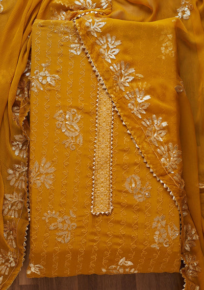 Mustard Sequins Georgette Semi-Stitched Salwar Suit-Koskii