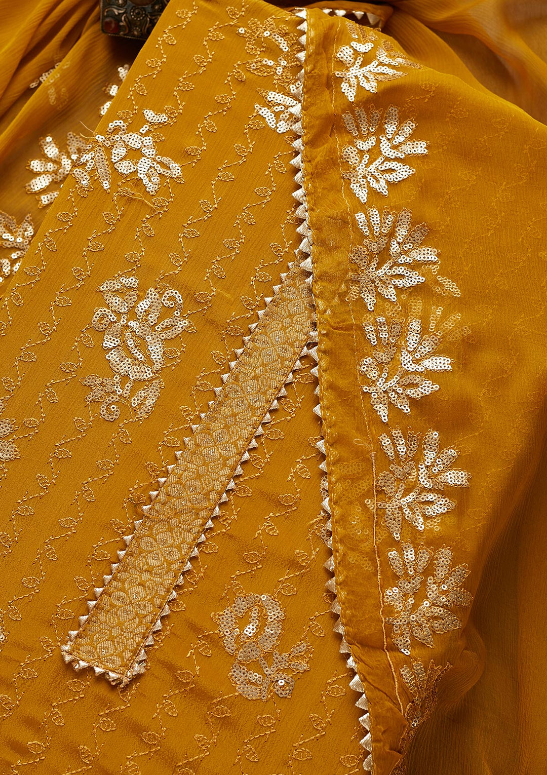 Mustard Sequins Georgette Semi-Stitched Salwar Suit-Koskii