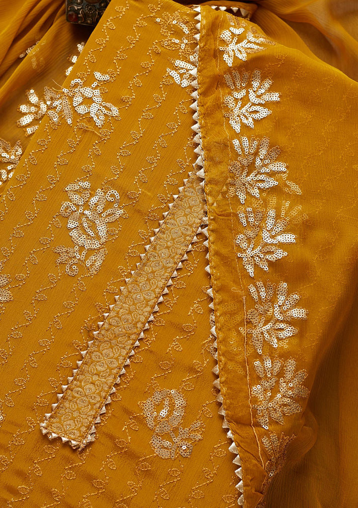 Mustard Sequins Georgette Semi-Stitched Salwar Suit-Koskii
