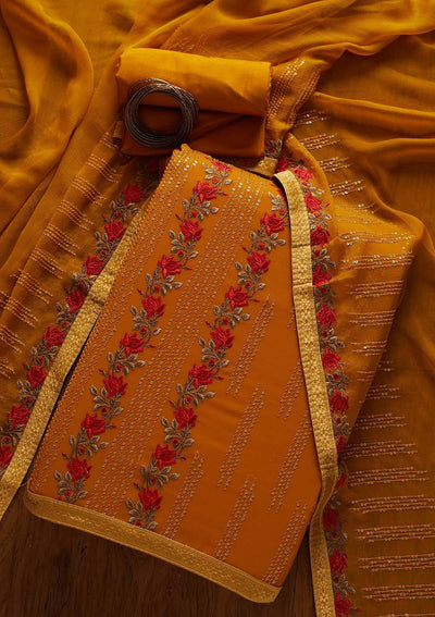 Mustard Sequins Georgette Designer Unstitched Salwar Suit - koskii