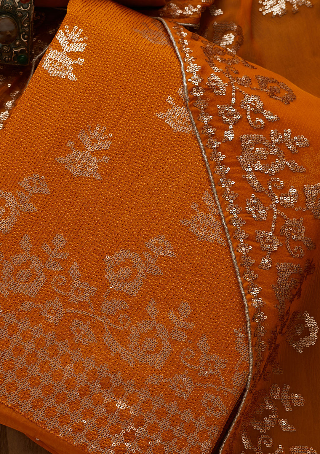 Mustard Sequins Georgette Unstitched Salwar Suit-Koskii