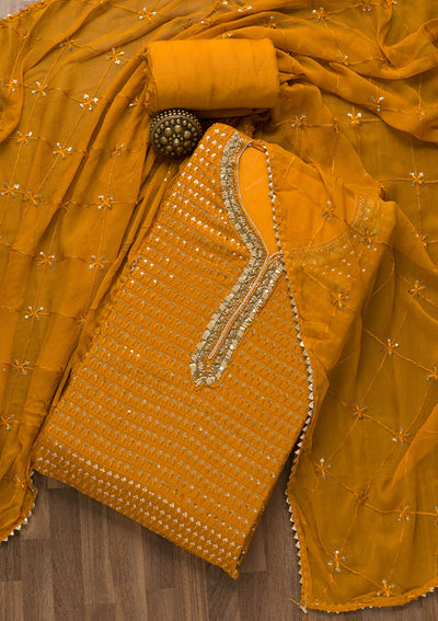 Mustard Sequins Georgette Unstitched Salwar Suit-Koskii