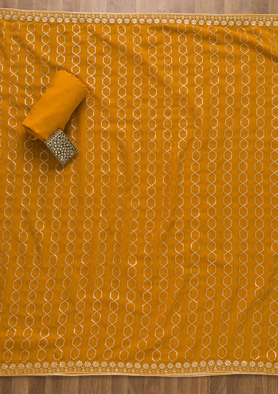 Mustard Sequins Georgette Unstitched Salwar Suit-Koskii
