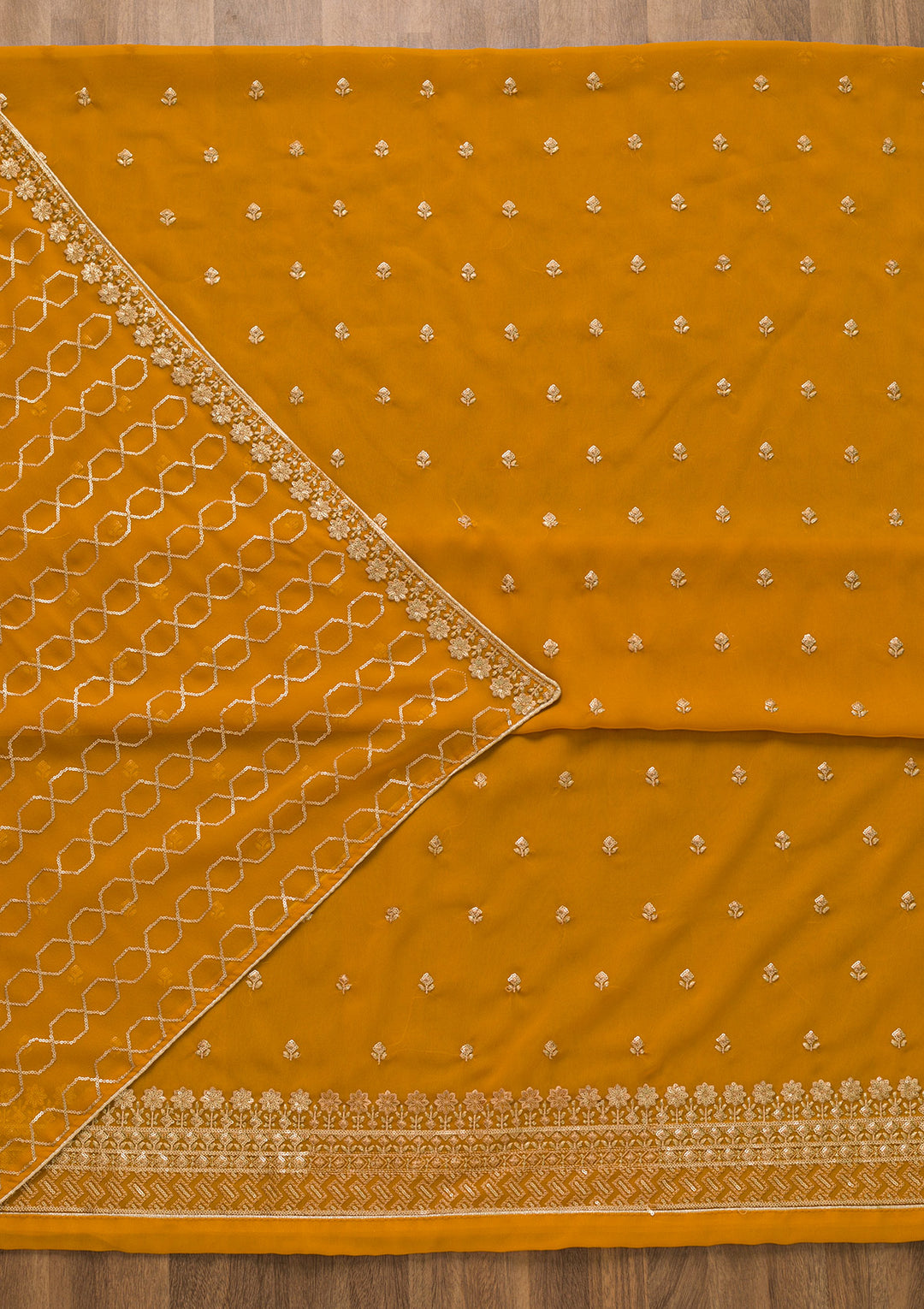 Mustard Sequins Georgette Unstitched Salwar Suit-Koskii